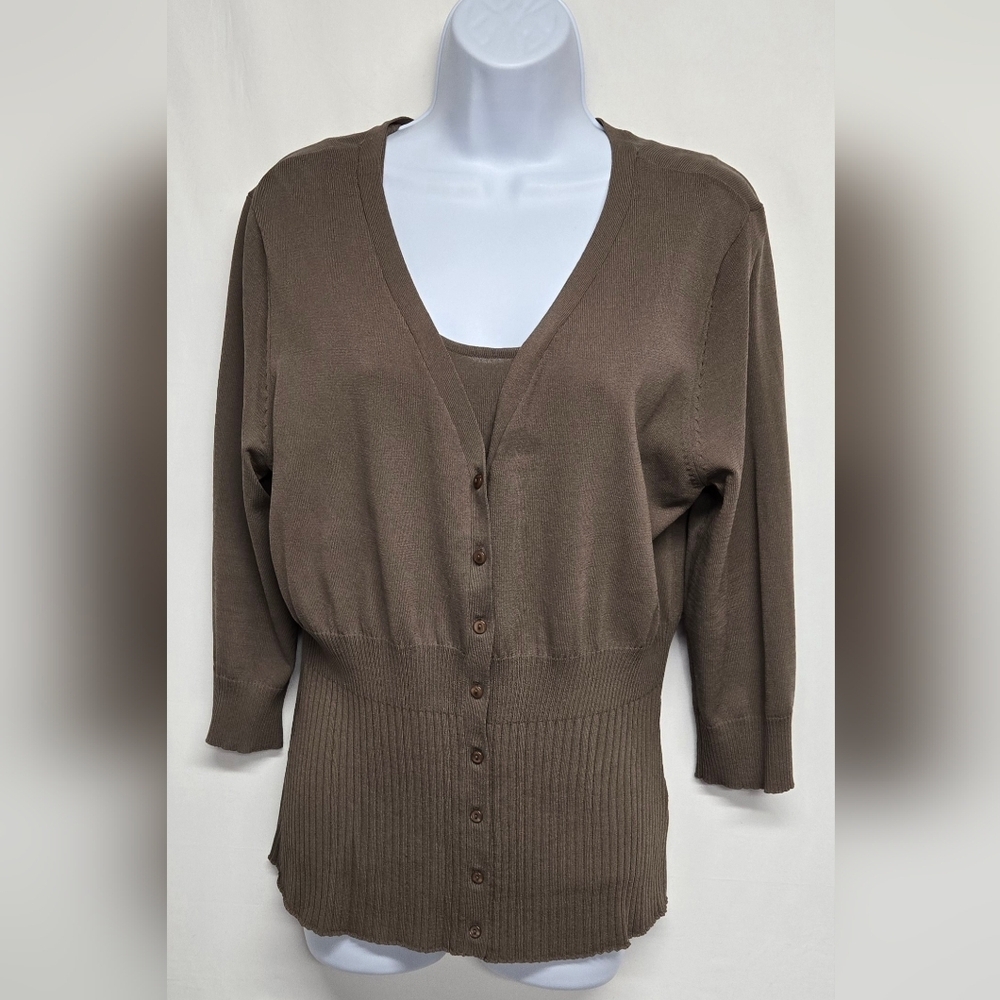 George Ladies L 12 / 14 Two piece Sweater & Tank Set Stretch Knit Taupe Brown